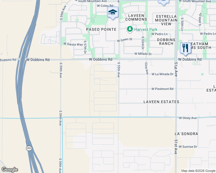 map of restaurants, bars, coffee shops, grocery stores, and more near 9401-9599 South 55th Avenue in Maricopa County