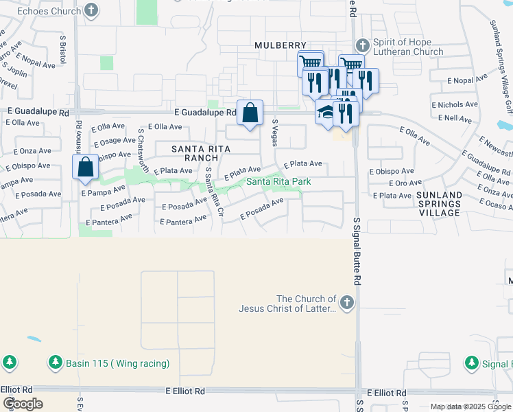 map of restaurants, bars, coffee shops, grocery stores, and more near 10503 East Portobello Avenue in Mesa