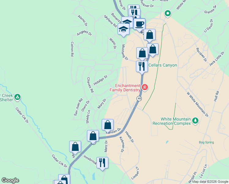 map of restaurants, bars, coffee shops, grocery stores, and more near Dona Ana Drive in Ruidoso