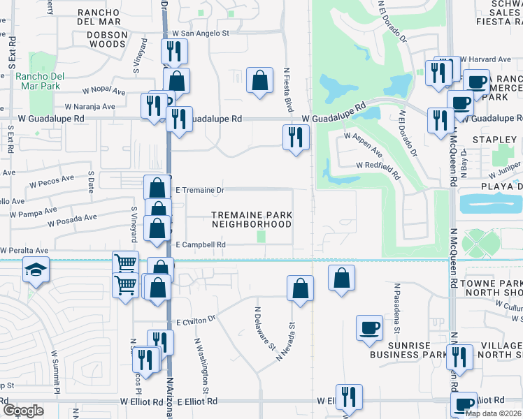 map of restaurants, bars, coffee shops, grocery stores, and more near 325 East Tremaine Drive in Chandler