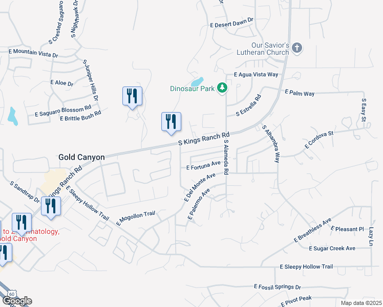 map of restaurants, bars, coffee shops, grocery stores, and more near 6005 South Kings Ranch Road in Gold Canyon
