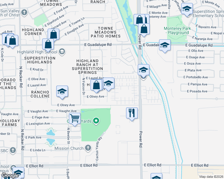 map of restaurants, bars, coffee shops, grocery stores, and more near 530 North Citrus Lane in Gilbert