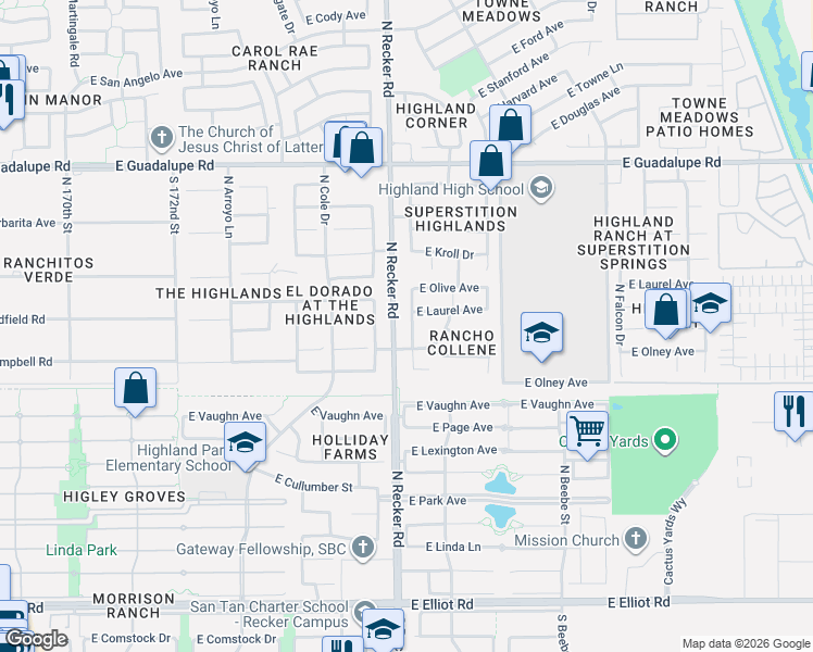 map of restaurants, bars, coffee shops, grocery stores, and more near 4057 East Laurel Avenue in Gilbert