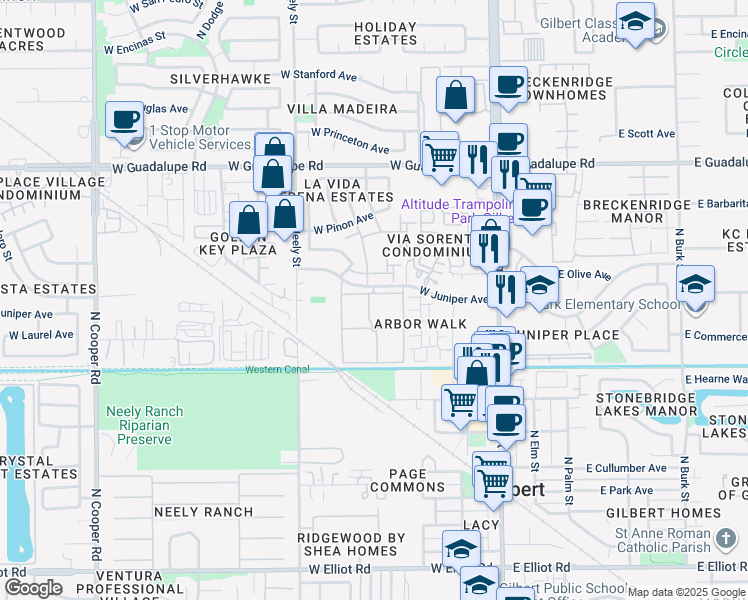 map of restaurants, bars, coffee shops, grocery stores, and more near 275 West Apartment in Gilbert