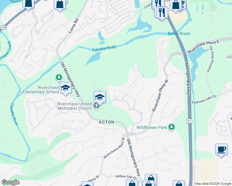 map of restaurants, bars, coffee shops, grocery stores, and more near 1052 Riverchase Cove in Hoover