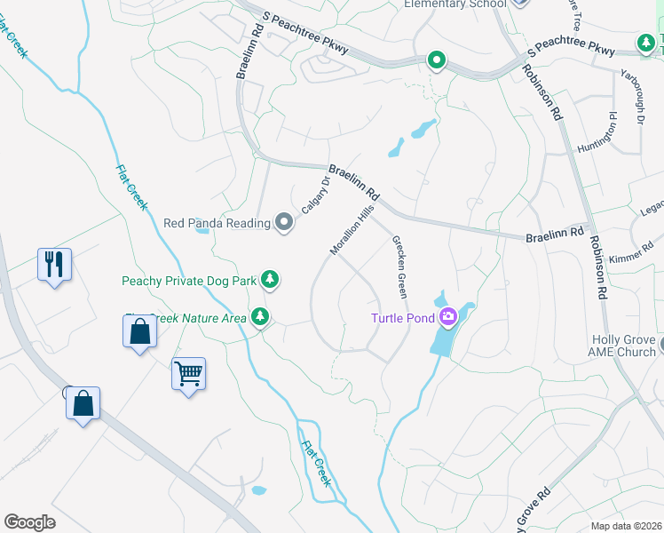 map of restaurants, bars, coffee shops, grocery stores, and more near 121 Morallion Hills in Peachtree City