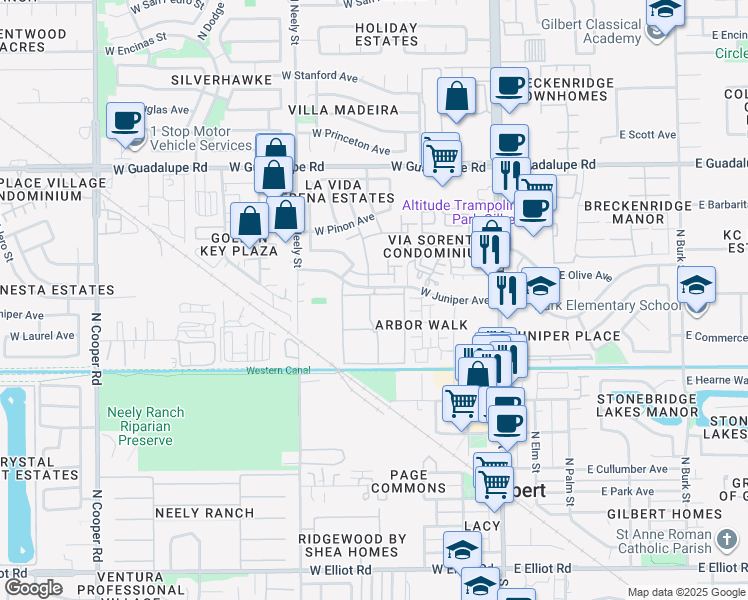 map of restaurants, bars, coffee shops, grocery stores, and more near 275 West Apartment in Gilbert