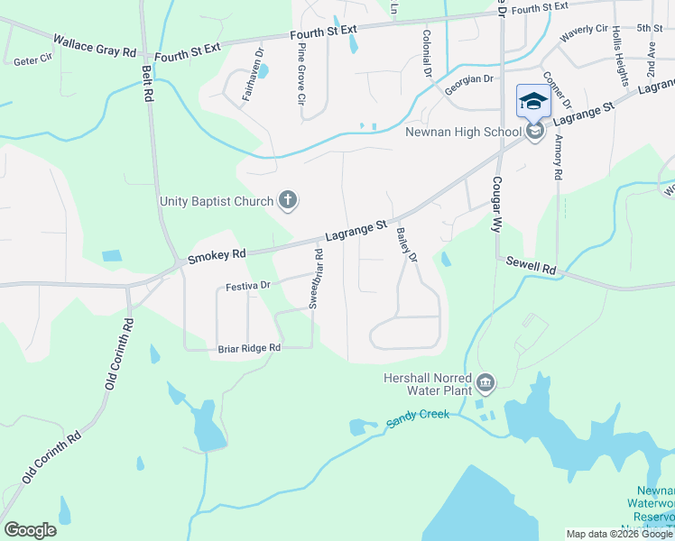 map of restaurants, bars, coffee shops, grocery stores, and more near 6 Sweetbriar Road in Newnan