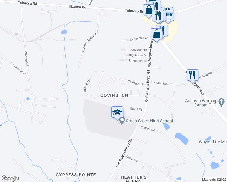 map of restaurants, bars, coffee shops, grocery stores, and more near 3805 Beacon Drive in Augusta