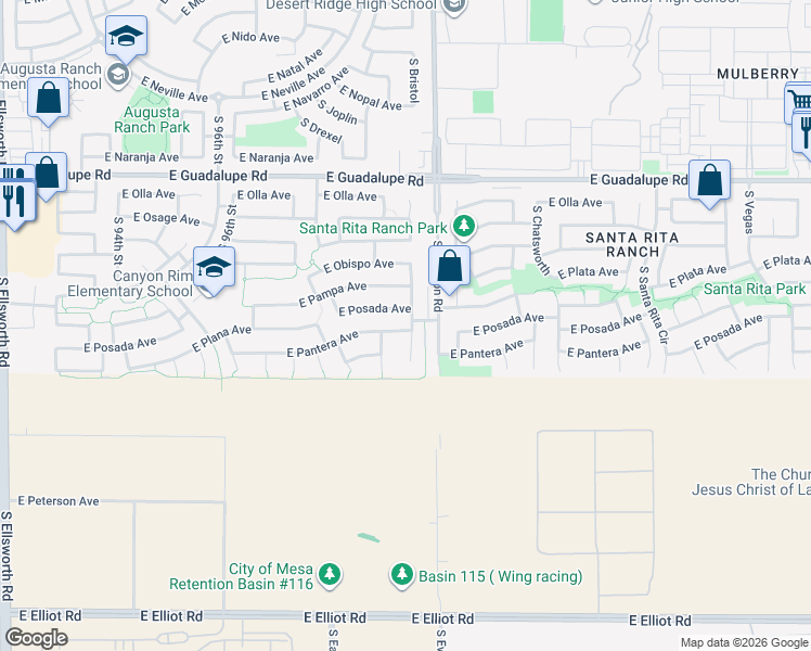 map of restaurants, bars, coffee shops, grocery stores, and more near 3037 South Coyote Canyon in Mesa