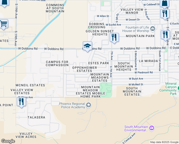 map of restaurants, bars, coffee shops, grocery stores, and more near 9440 South 10th Avenue in Phoenix