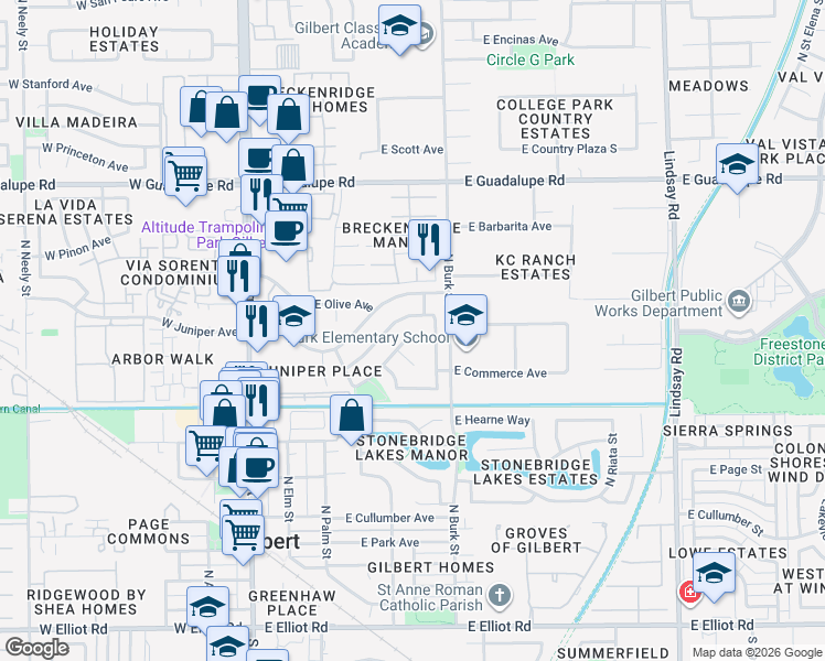 map of restaurants, bars, coffee shops, grocery stores, and more near 251 East Laurel Avenue in Gilbert