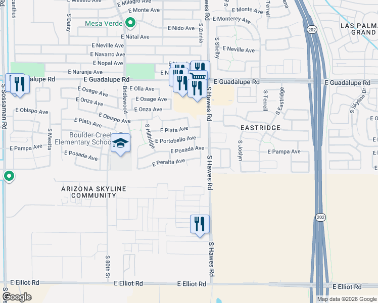 map of restaurants, bars, coffee shops, grocery stores, and more near 8311 East Posada Avenue in Mesa