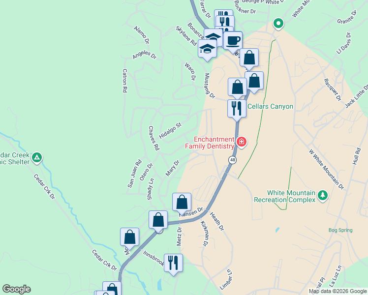 map of restaurants, bars, coffee shops, grocery stores, and more near Dona Ana Drive in Ruidoso