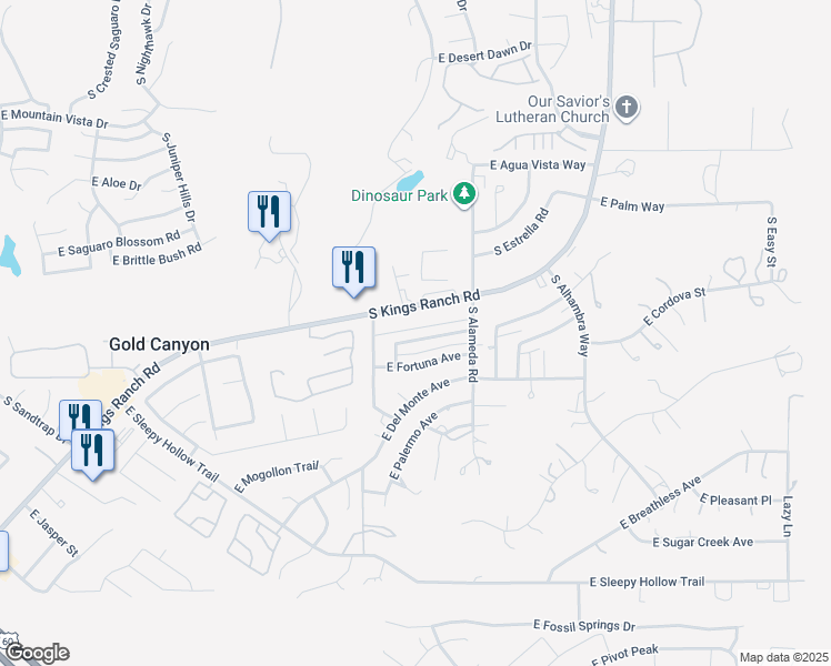 map of restaurants, bars, coffee shops, grocery stores, and more near 5977 South Kings Ranch Road in Gold Canyon