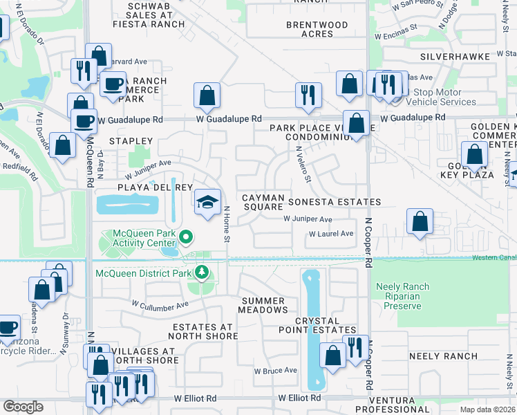 map of restaurants, bars, coffee shops, grocery stores, and more near 562 North Cambridge Street in Gilbert
