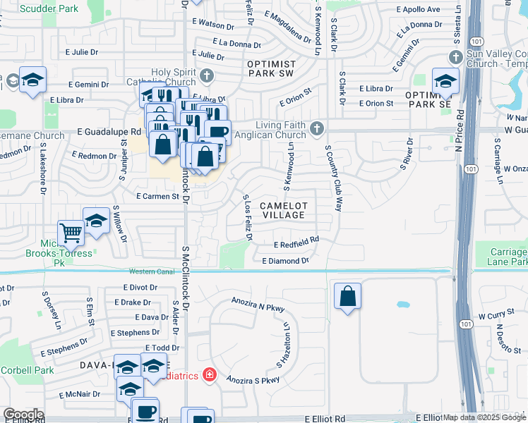 map of restaurants, bars, coffee shops, grocery stores, and more near 1895 East Lodge Drive in Tempe
