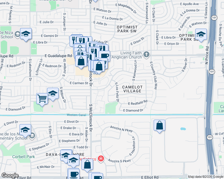 map of restaurants, bars, coffee shops, grocery stores, and more near 6709 South Taylor Drive in Tempe