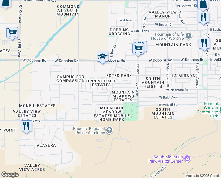 map of restaurants, bars, coffee shops, grocery stores, and more near 9440 South 10th Avenue in Phoenix