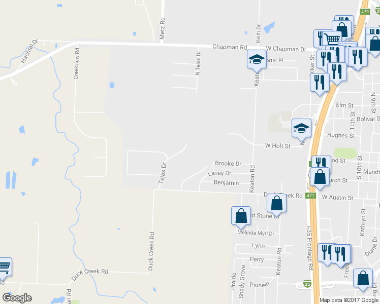 map of restaurants, bars, coffee shops, grocery stores, and more near 104 Tejas Drive in Sanger