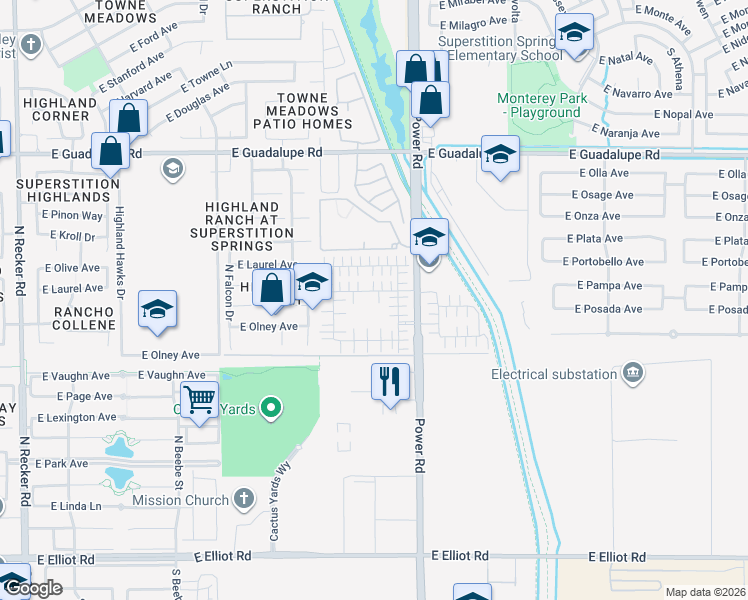 map of restaurants, bars, coffee shops, grocery stores, and more near 4699 East Redfield Road in Gilbert