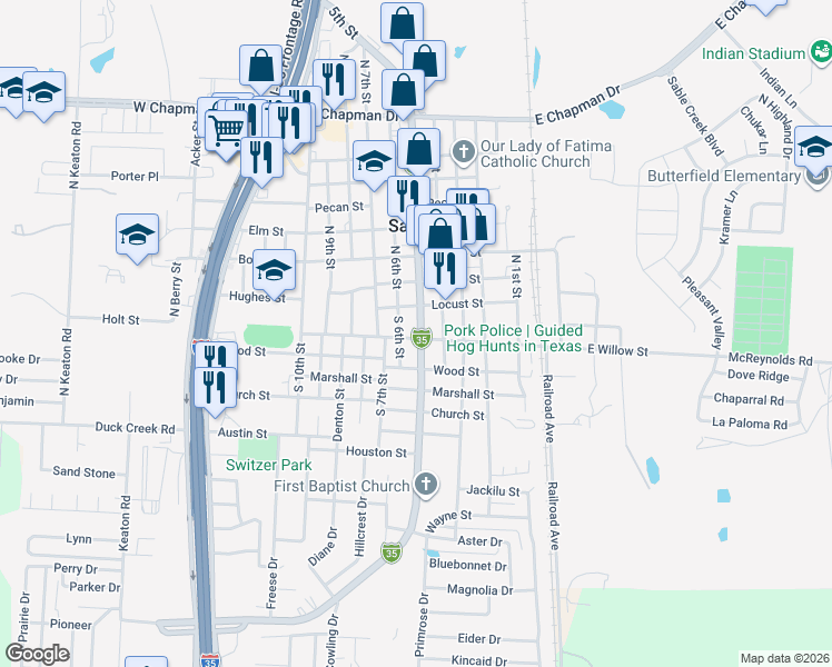 map of restaurants, bars, coffee shops, grocery stores, and more near 116 South 6th Street in Sanger