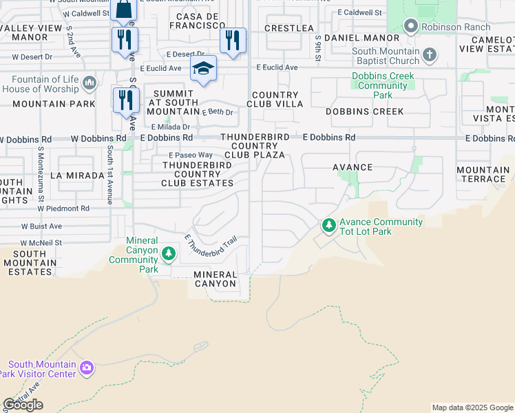 map of restaurants, bars, coffee shops, grocery stores, and more near 9610 South 7th Place in Phoenix