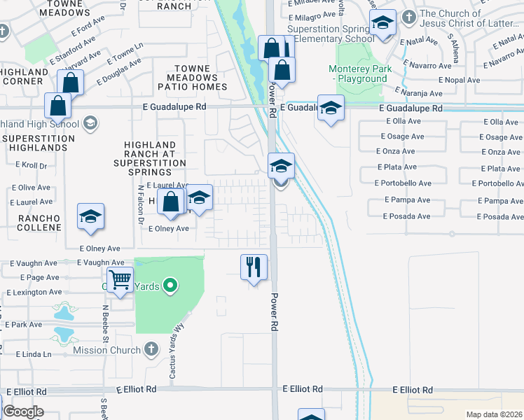 map of restaurants, bars, coffee shops, grocery stores, and more near 524 North Ranger Trail in Gilbert