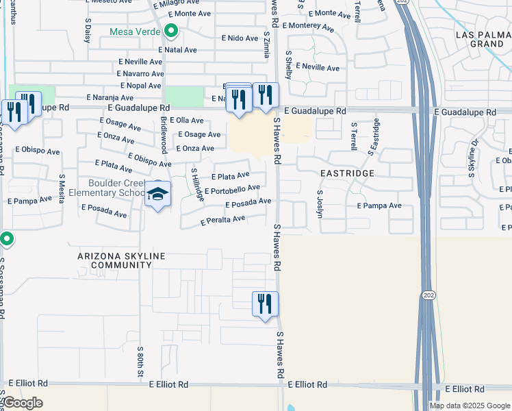 map of restaurants, bars, coffee shops, grocery stores, and more near 8327 East Posada Avenue in Mesa