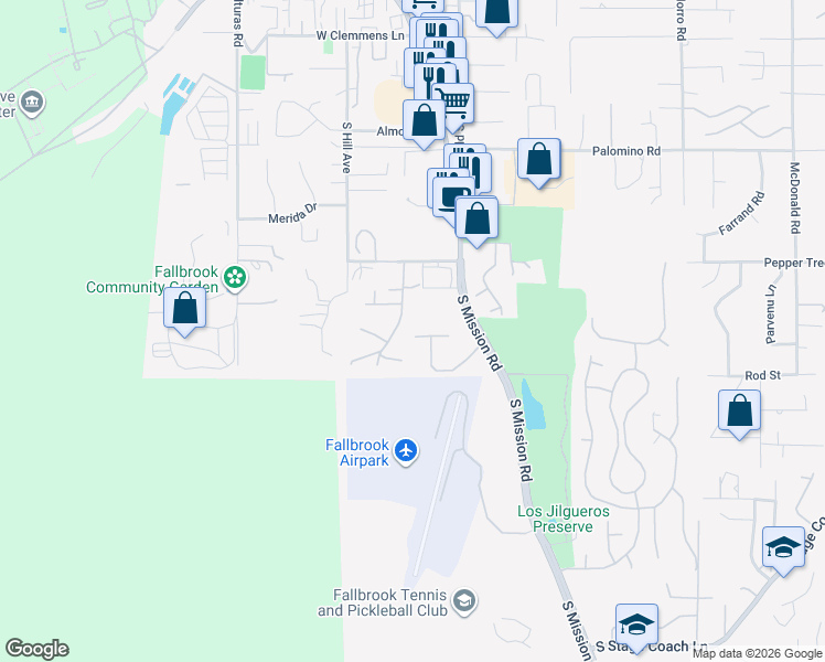 map of restaurants, bars, coffee shops, grocery stores, and more near 197 Mission Oaks Road in Fallbrook