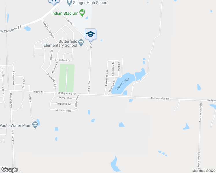 map of restaurants, bars, coffee shops, grocery stores, and more near 1004 Lake Ridge Drive in Sanger