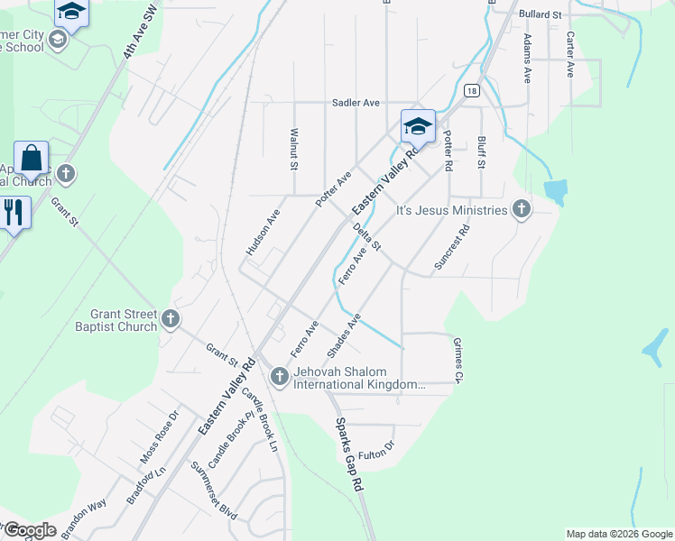 map of restaurants, bars, coffee shops, grocery stores, and more near 1201 Eastern Valley Road in Bessemer