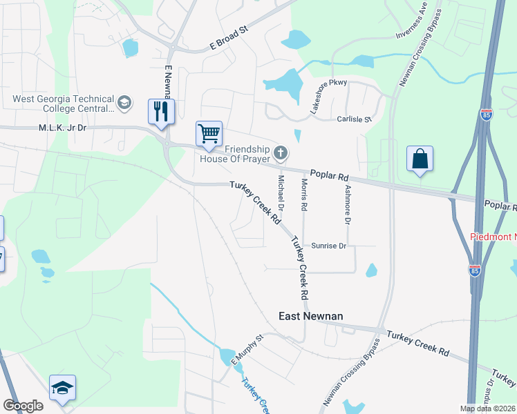 map of restaurants, bars, coffee shops, grocery stores, and more near 197 Turkey Creek Road in Newnan