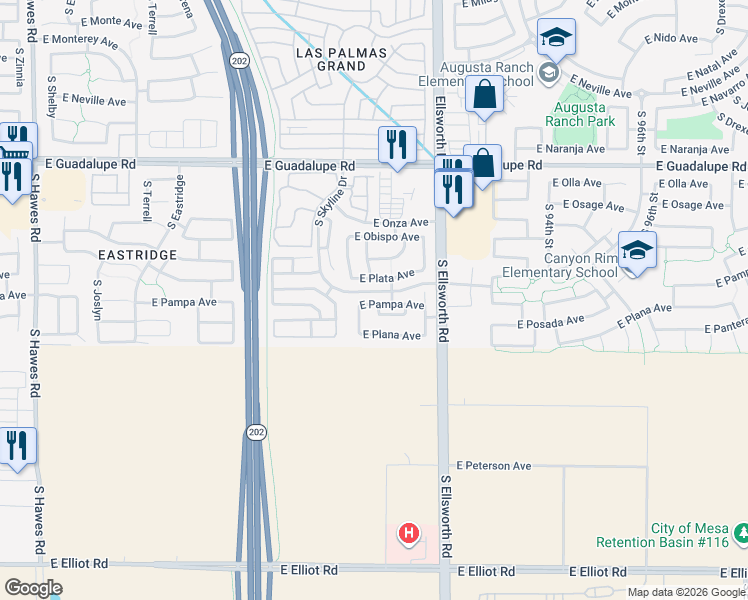 map of restaurants, bars, coffee shops, grocery stores, and more near 9038 East Pampa Avenue in Mesa