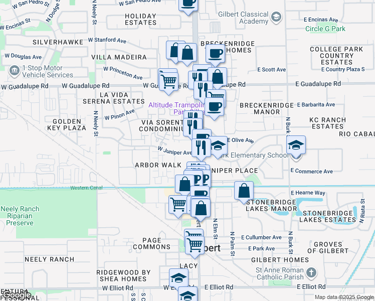 map of restaurants, bars, coffee shops, grocery stores, and more near in Gilbert