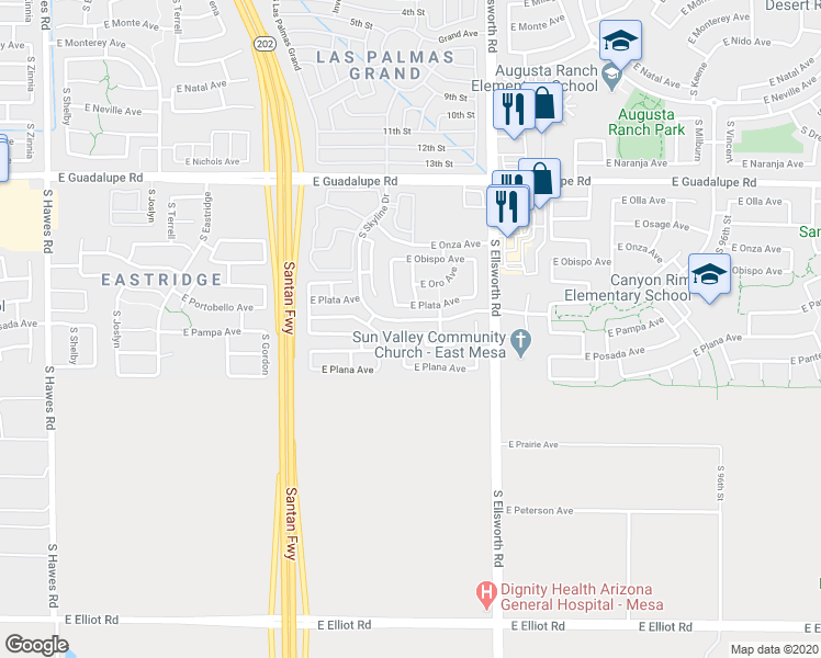 map of restaurants, bars, coffee shops, grocery stores, and more near 9032 East Pampa Avenue in Mesa