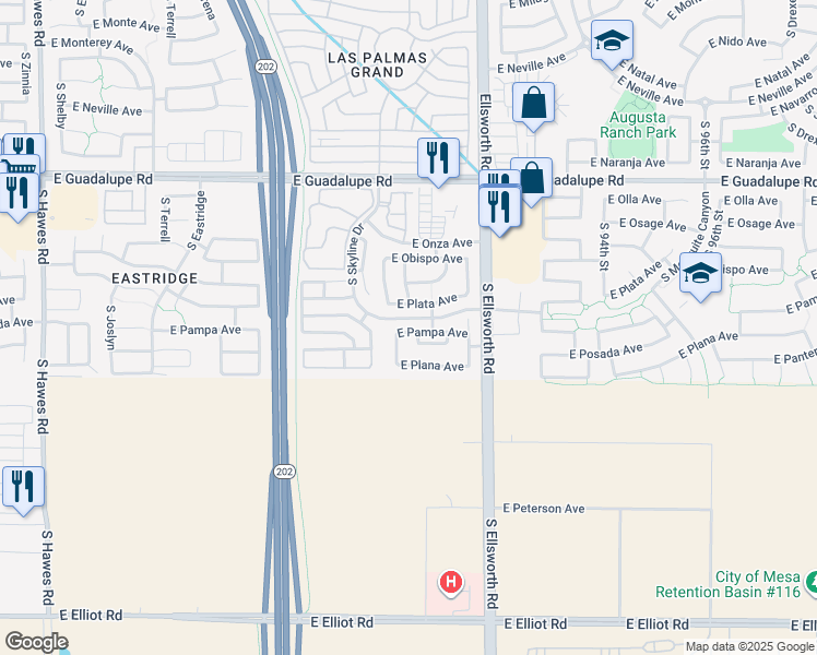 map of restaurants, bars, coffee shops, grocery stores, and more near 9038 East Pampa Avenue in Mesa