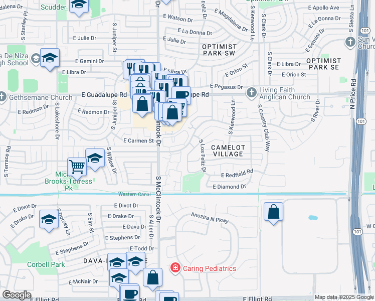 map of restaurants, bars, coffee shops, grocery stores, and more near 6734 South Taylor Drive in Tempe