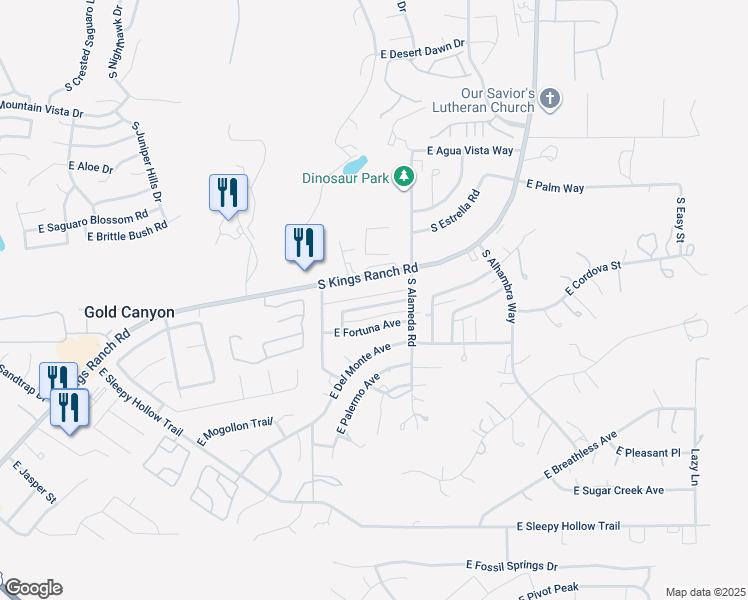 map of restaurants, bars, coffee shops, grocery stores, and more near 5977 South Kings Ranch Road in Gold Canyon