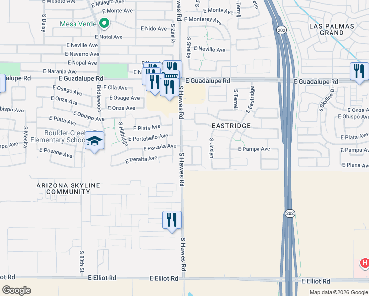map of restaurants, bars, coffee shops, grocery stores, and more near 8420 East Pampa Avenue in Mesa
