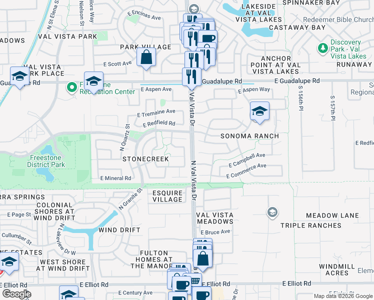 map of restaurants, bars, coffee shops, grocery stores, and more near 537 North Redrock Street in Gilbert