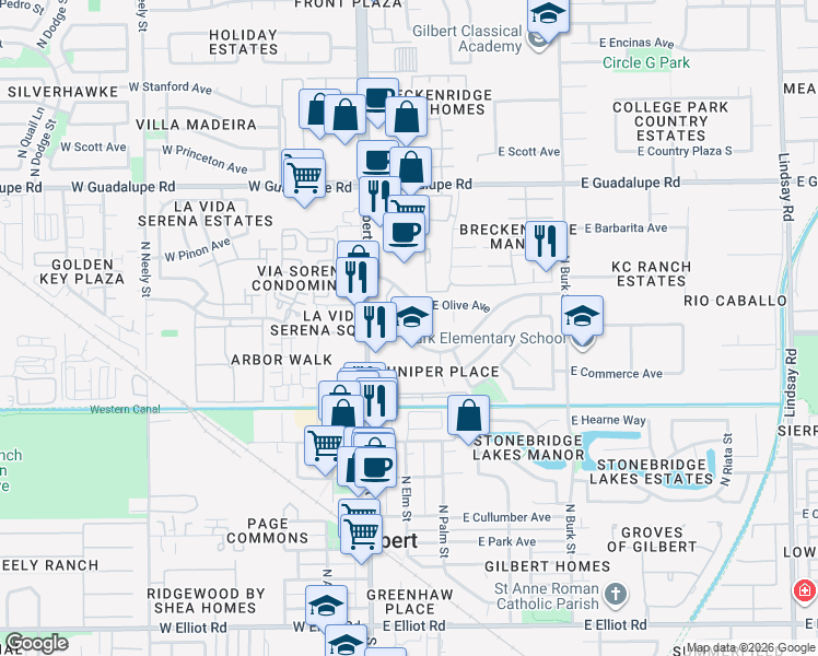 map of restaurants, bars, coffee shops, grocery stores, and more near 102 East Elm Circle in Gilbert