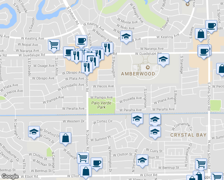 map of restaurants, bars, coffee shops, grocery stores, and more near 1815 West Pecos Avenue in Mesa