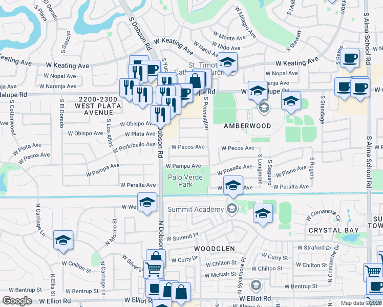 map of restaurants, bars, coffee shops, grocery stores, and more near 1903 West Pecos Avenue in Mesa