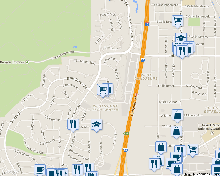 map of restaurants, bars, coffee shops, grocery stores, and more near 9605 South 50th Street in Phoenix