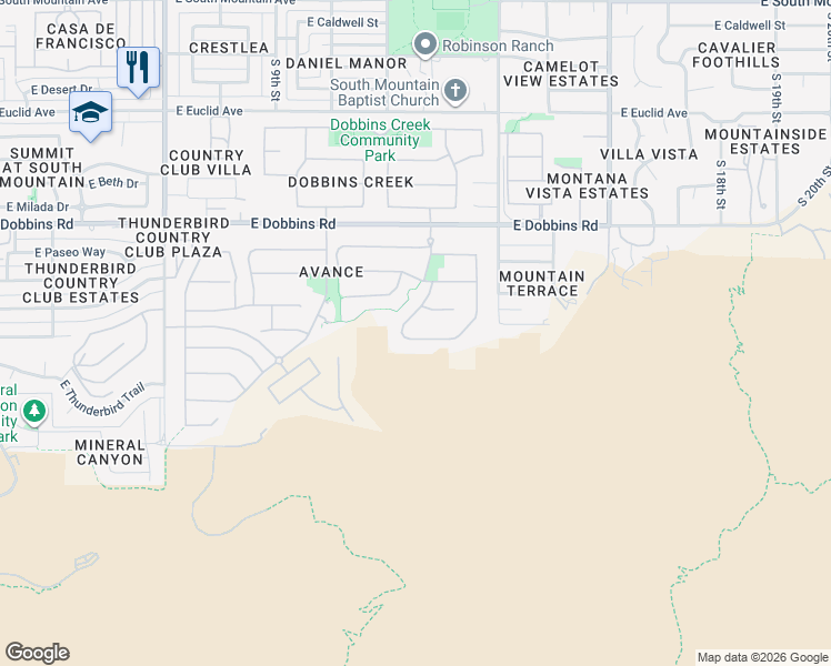 map of restaurants, bars, coffee shops, grocery stores, and more near 1333 East Monte Way in Phoenix