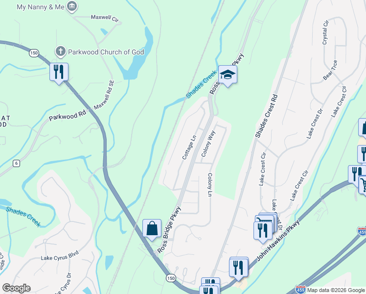 map of restaurants, bars, coffee shops, grocery stores, and more near 5339 Cottage Lane in Hoover