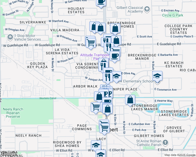 map of restaurants, bars, coffee shops, grocery stores, and more near in Gilbert