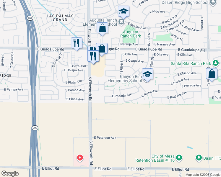 map of restaurants, bars, coffee shops, grocery stores, and more near 9320 East Pampa Avenue in Mesa