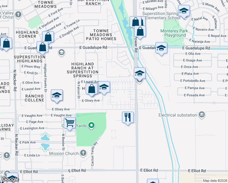 map of restaurants, bars, coffee shops, grocery stores, and more near 4699 East Redfield Road in Gilbert